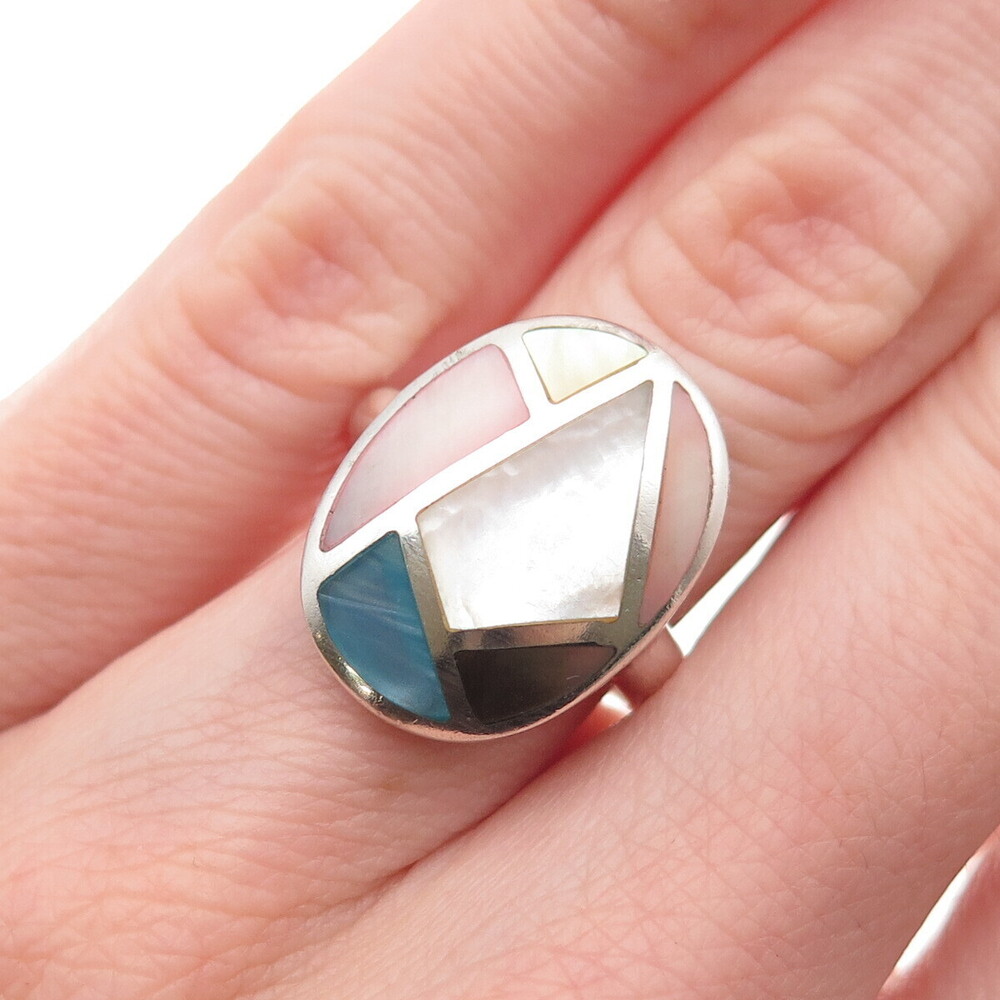 Seta 925 Sterling Silver Vintage Real Multi-Color MOP Modernist Ring Size 6